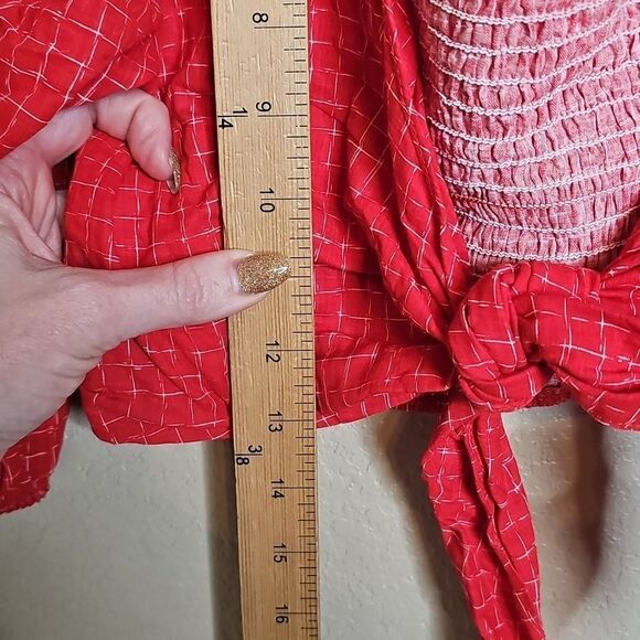 Lulus Large Sunshine Girl Red Tie-Front Puff Sleeve Crop Top - Picture 7 of 8